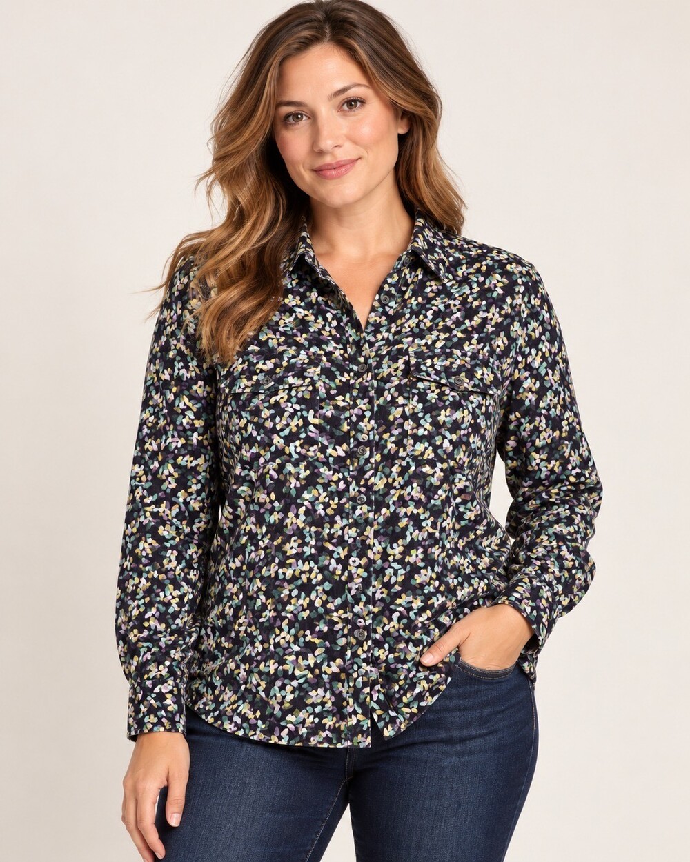 Christopher & Banks Black Floral Button Up Shirt Size Large